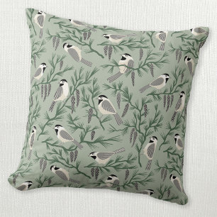 Chickadee Bird Pine Arts and Crafts Throw Pillow