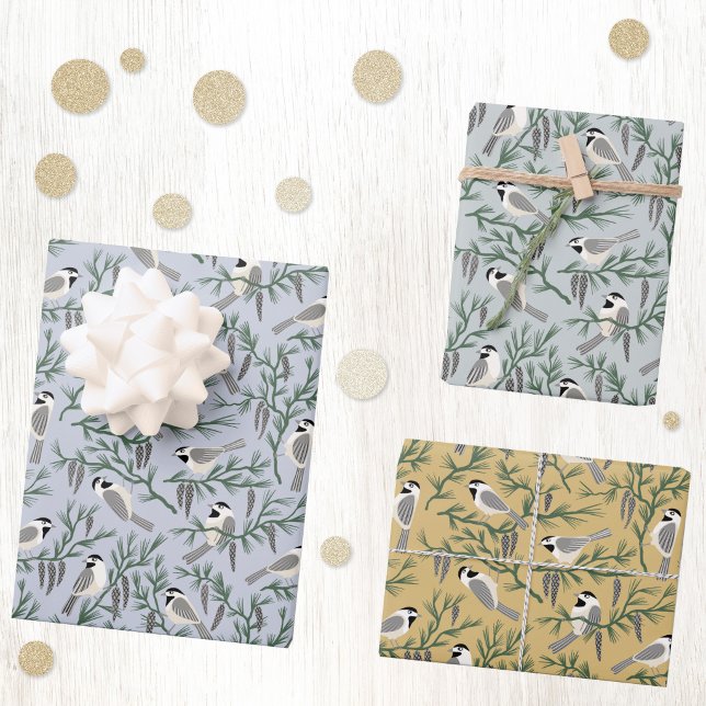 Chickadee Bird Pine Arts and Crafts Wrapping Paper Sheets (Chickadee bird and botanical gift wrapping paper sheets)