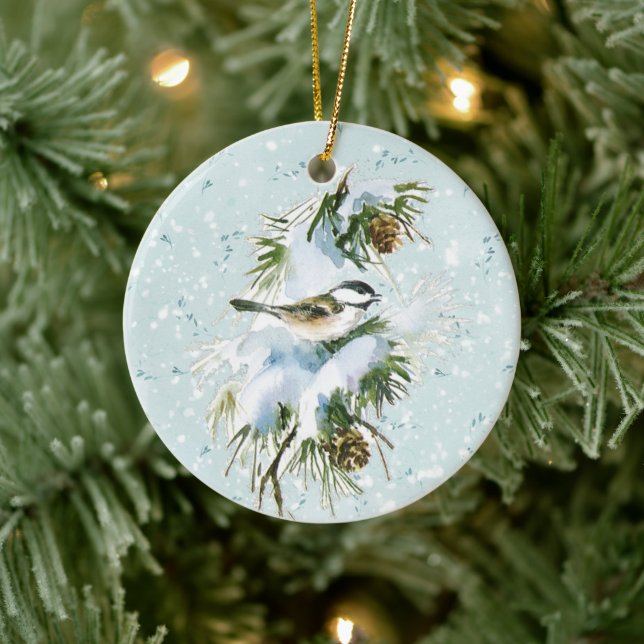 Chickadee Bird Pinecone Snow Winter Christmas Teal Ceramic Ornament (Tree)
