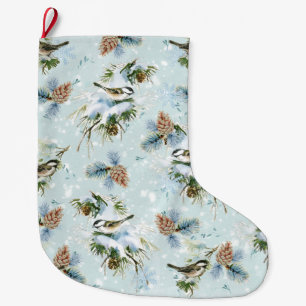 Chickadee Bird Pinecone Snow Winter Christmas Teal Large Christmas Stocking