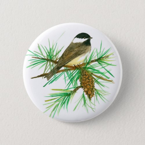 Chickadee Bird Pinecone Watercolor Tree Button