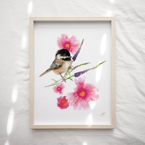 Chickadee Bird Pink Flowers Art Print