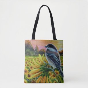 Chickadee Bird Sunflowers Farm Watercolor Art Tote Bag