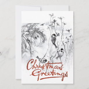 Chickadee Bird Vintage Sketch Christmas Greetings  Holiday Card