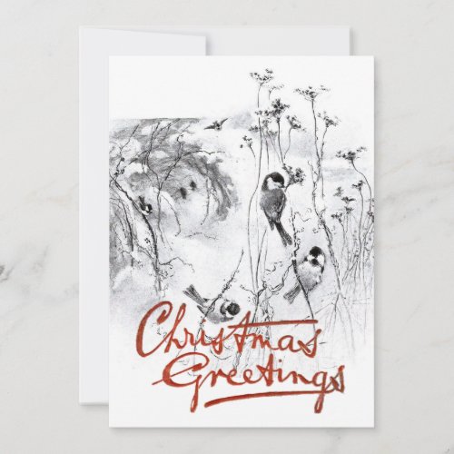 Chickadee Bird Vintage Sketch Christmas Greetings  Holiday Card