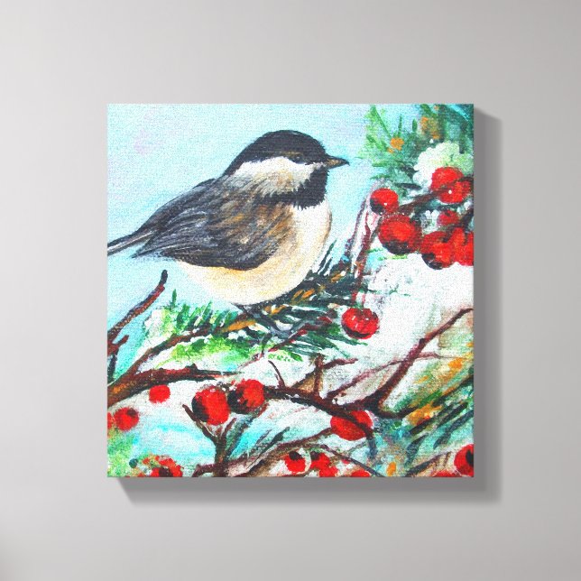 Chickadee Bird With Berries On Branch Canvas Print (Front)