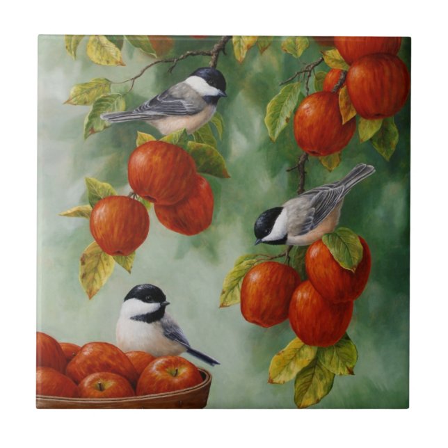 Chickadee Birds Apple Harvest Ceramic Tile (Front)
