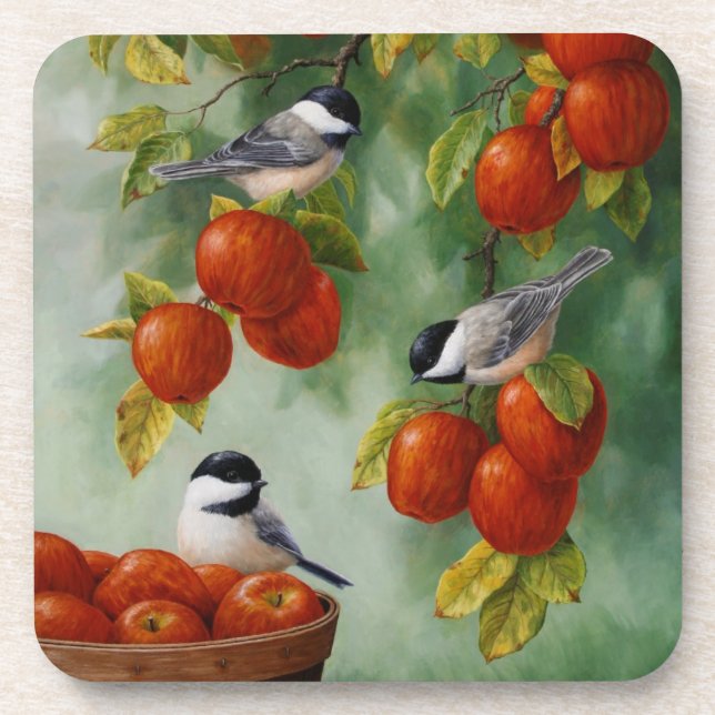 Chickadee Birds Apple Harvest Coaster (Front)