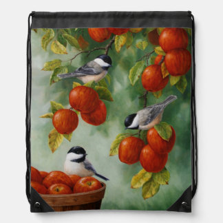 Chickadee Birds Apple Harvest Drawstring Bag