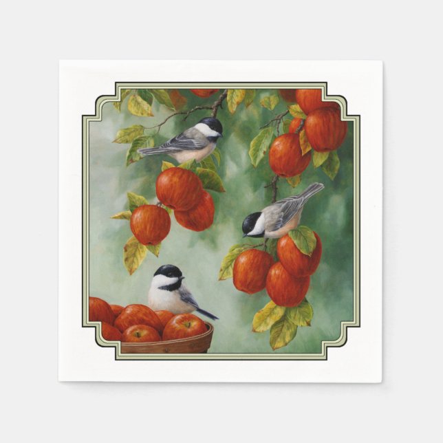 Chickadee Birds Apple Harvest Napkins (Front)