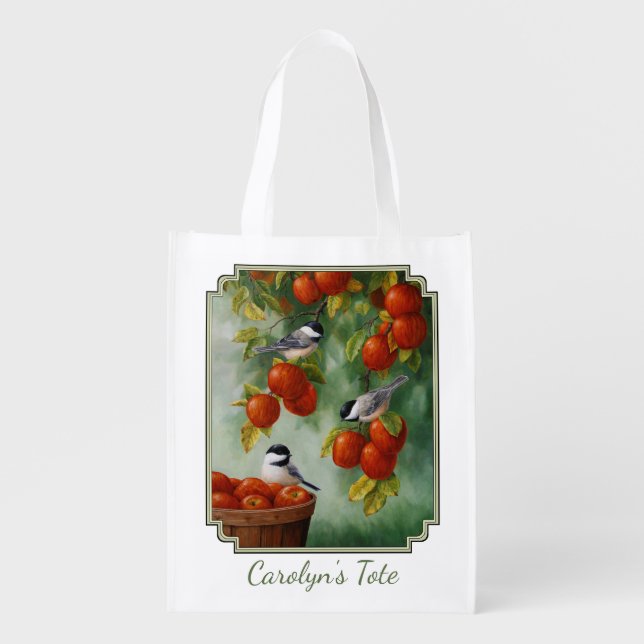 Chickadee Birds Apple Harvest Reusable Grocery Bag (Front)