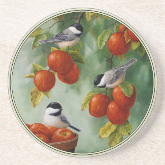 Chickadee Birds Apple Harvest Sandstone Coaster
