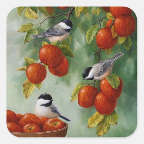 Chickadee Birds Apple Harvest Square Sticker