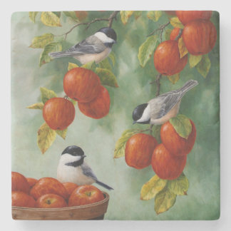 Chickadee Birds Apple Harvest Stone Coaster