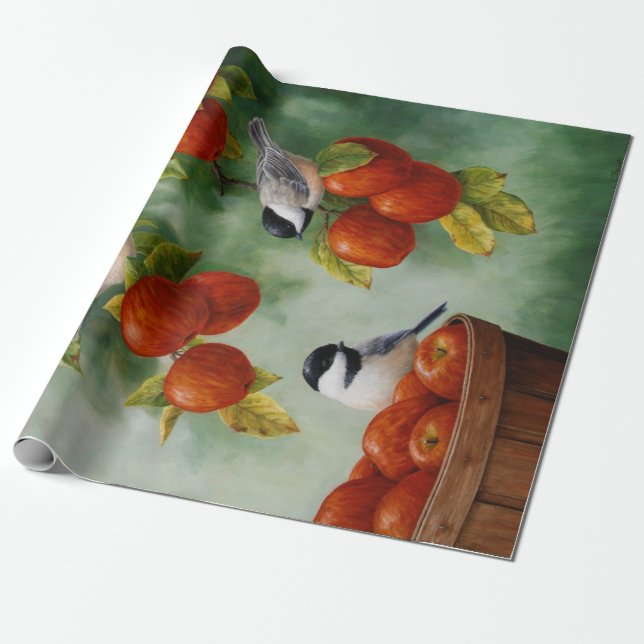 Chickadee Birds Apple Harvest Wrapping Paper (Unrolled)