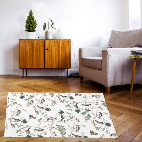 Chickadee Birds Berries  Pinecones Christmas Rug