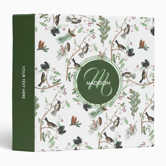 Chickadee Birds Berries & Pinecones Monogrammed 3 Ring Binder (Front/Spine)