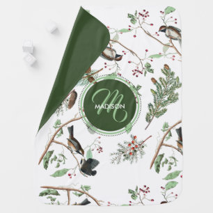 Chickadee Birds Berries & Pinecones Monogrammed Baby Blanket