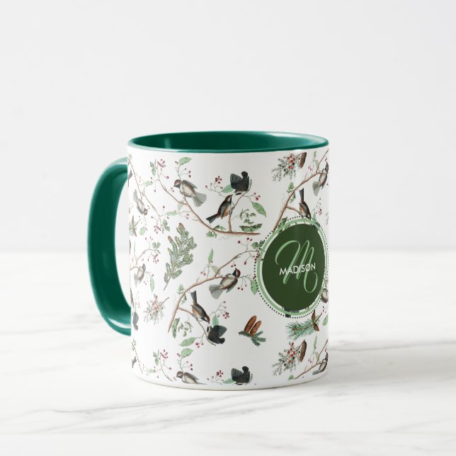 Chickadee Birds Berries & Pinecones Monogrammed Mug (Front Left)