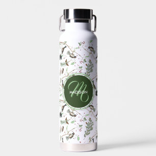 Chickadee Birds Berries & Pinecones Monogrammed Water Bottle