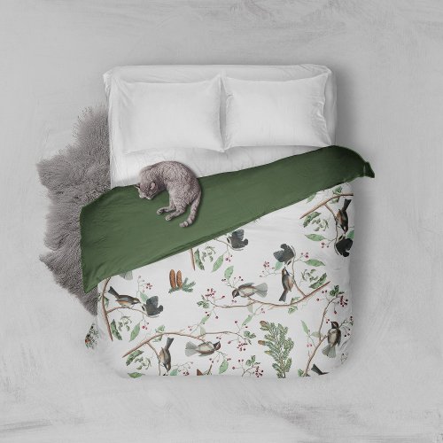 Chickadee Birds Berries  Pinecones Watercolor  Duvet Cover