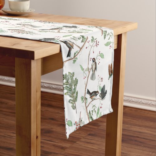 Chickadee Birds Berries  Pinecones Watercolor  Long Table Runner