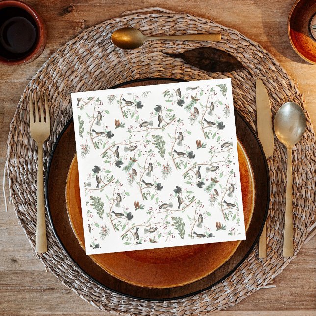 Chickadee Birds Berries & Pinecones Watercolor  Napkins (Chickadee Birds Berries & Pinecones Watercolor Napkins)