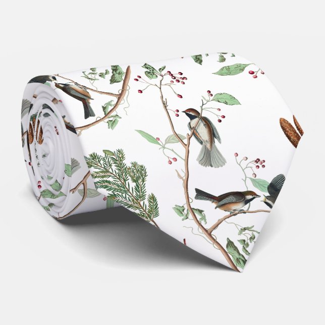 Chickadee Birds Berries & Pinecones Watercolor  Neck Tie (Rolled)