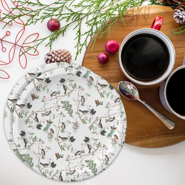 Chickadee Birds Berries & Pinecones Watercolor  Paper Plates (Chickadee Birds Berries & Pinecones Watercolor Paper Plates)