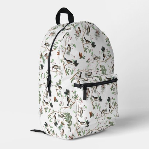 Chickadee Birds Berries  Pinecones Watercolor  Printed Backpack