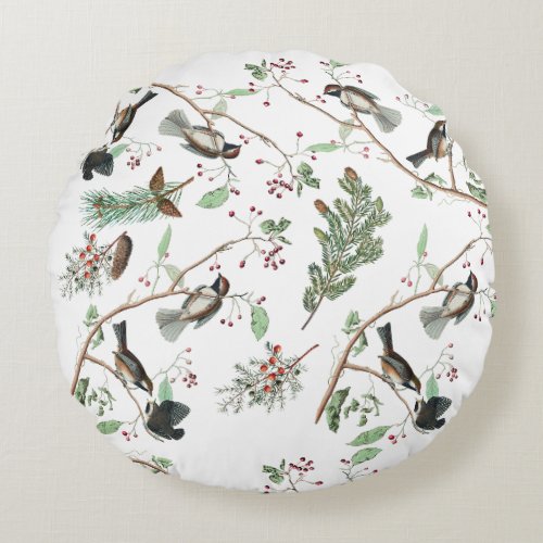 Chickadee Birds Berries  Pinecones Watercolor  Round Pillow