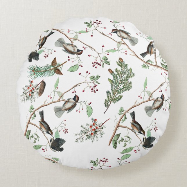 Chickadee Birds Berries & Pinecones Watercolor  Round Pillow (Front)