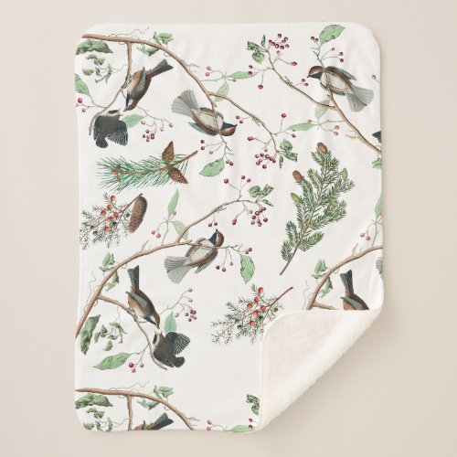 Chickadee Birds Berries  Pinecones Watercolor  Sherpa Blanket