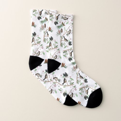 Chickadee Birds Berries  Pinecones Watercolor  Socks