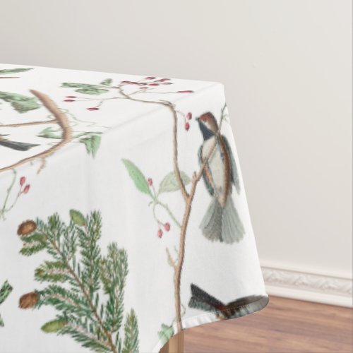 Chickadee Birds Berries  Pinecones Watercolor  Tablecloth