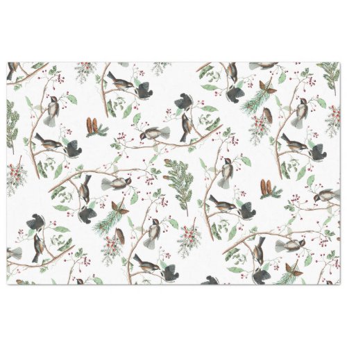 Chickadee Birds Berries  Pinecones Watercolor  Tissue Paper