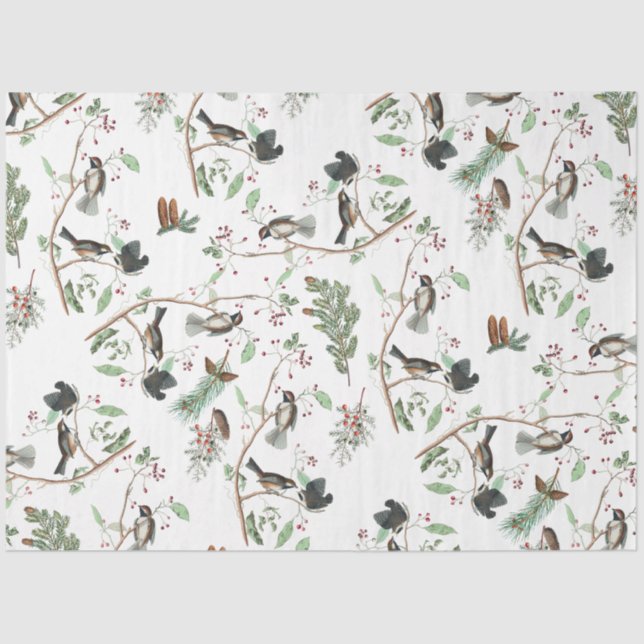 Chickadee Birds Berries & Pinecones Watercolor  Tissue Paper (Front)