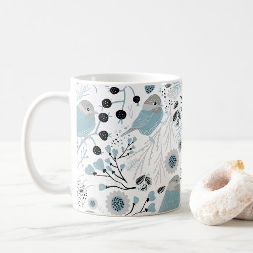 Chickadee Birds Cute Blue Gray Flowers Berries Coffee Mug