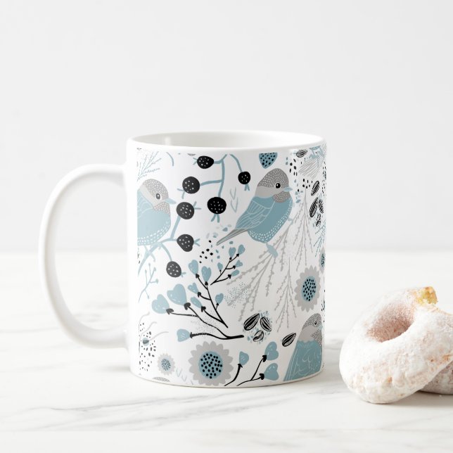 Chickadee Birds Cute Blue Gray Flowers Berries Coffee Mug (With Donut)