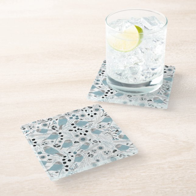 Chickadee Birds Cute Blue Gray Flowers Berries Glass Coaster (Angled)