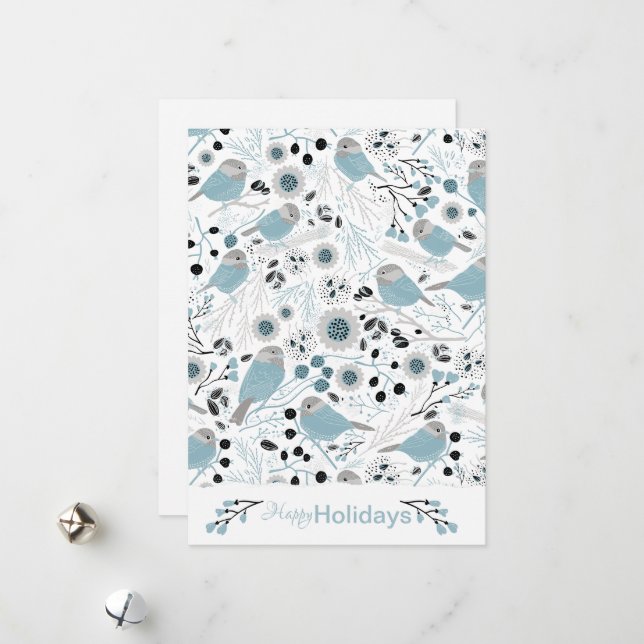 Chickadee Birds Cute Blue Gray Flowers Berries Holiday Card (Front/Back In Situ)