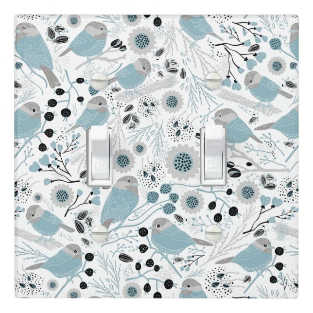 Chickadee Birds Cute Blue Gray Flowers Berries Light Switch Cover (In Situ)