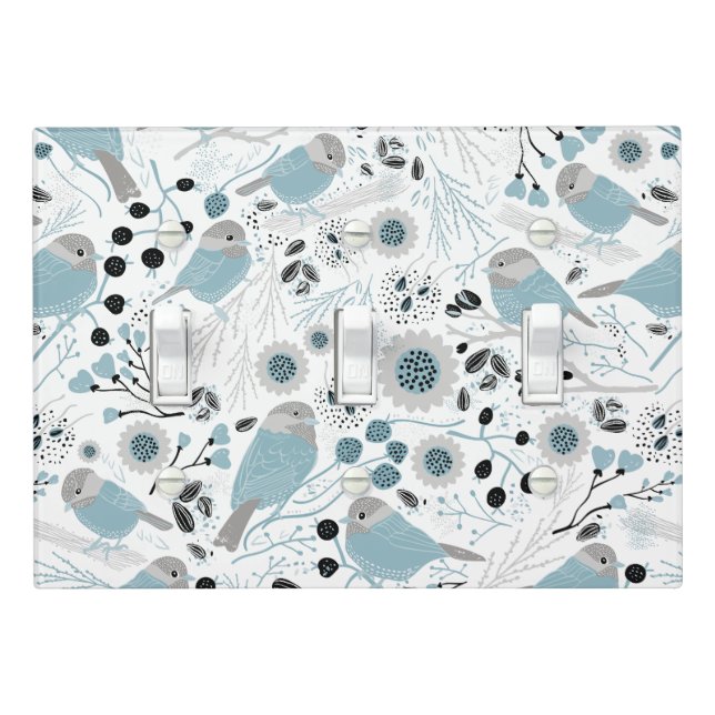 Chickadee Birds Cute Blue Gray Flowers Berries Light Switch Cover (In Situ)