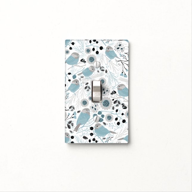 Chickadee Birds Cute Blue Gray Flowers Berries Light Switch Cover (In Situ)