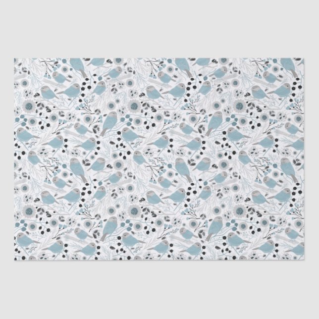 Chickadee Birds Cute Blue Gray Flowers Berries Tissue Paper (Front)