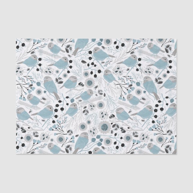 Chickadee Birds Cute Blue Gray Flowers Berries Tissue Paper (Front)