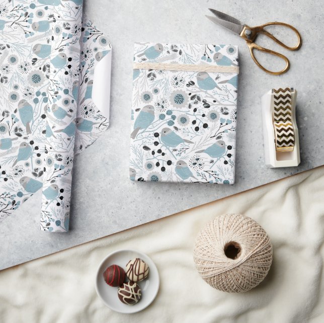 Chickadee Birds Cute Blue Gray Flowers Berries Wrapping Paper (Crafts)
