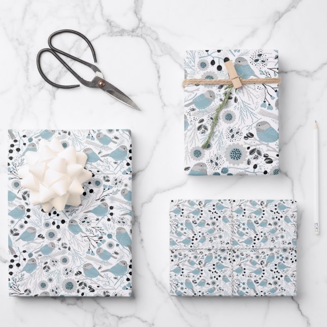Chickadee Birds Cute Blue Gray Flowers Berries Wrapping Paper Sheets (Front)