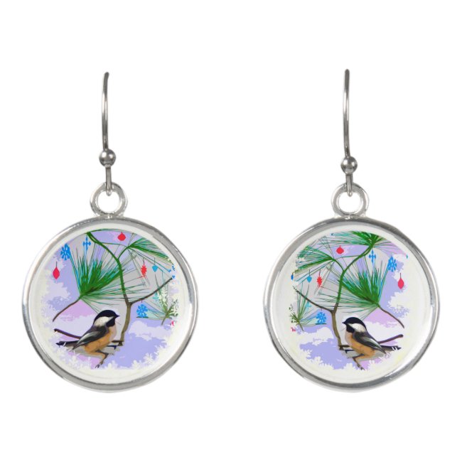Chickadee Birds in Tree Drop Earrings
