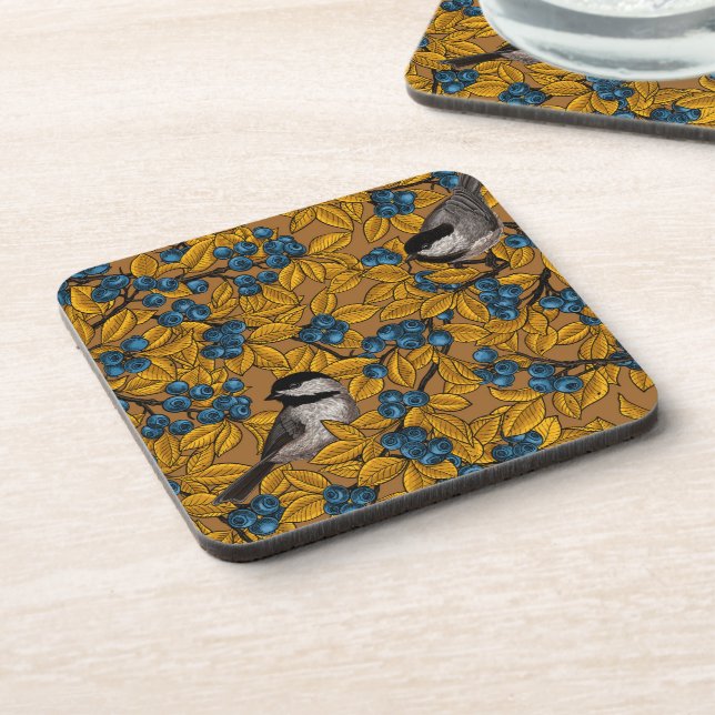 Chickadee birds on blueberry branches beverage coaster (Left Side)